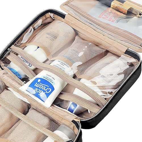 NISHEL Travel Toiletry Bag for women, Portable Hanging Organizer for Travel-Sized Shampoo, Conditioner, Brushes Set, makeup Accessories, Medium Size, Black - Image 6