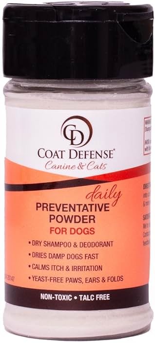 COAT DEFENSE Daily Preventative Powder | Made in USA | 3.5oz Waterless Dog Shampoo & Pet Deodorizer for Smelly Dogs | Provides Anti Itch Relief | Dog Dry Shampoo for Dry Itchy Skin - Product Image