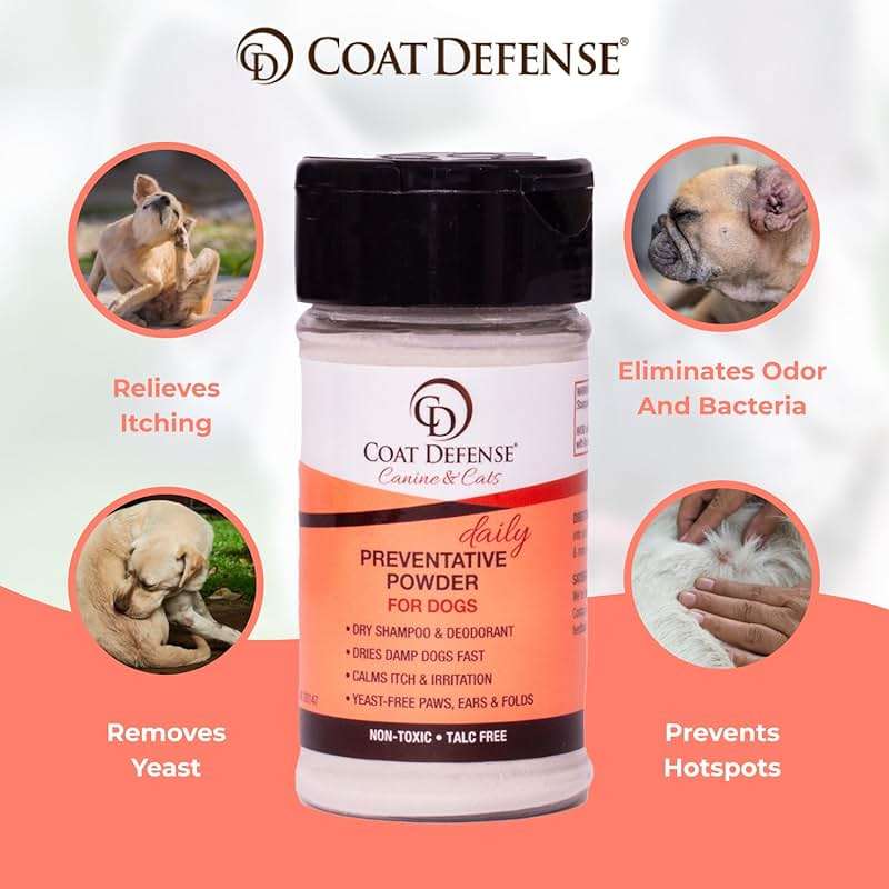 COAT DEFENSE Daily Preventative Powder | Made in USA | 3.5oz Waterless Dog Shampoo & Pet Deodorizer for Smelly Dogs | Provides Anti Itch Relief | Dog Dry Shampoo for Dry Itchy Skin - Image 2