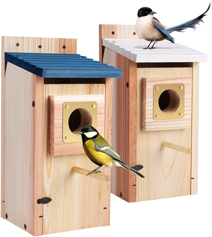 Bird Houses for Outside 2Pack with Copper Guard,Thicken Wooden Bluebird House Clearance Garden Country Cottages, Nesting Box for Finch Swallow Wren Chickadee Wild Bird Supplies, Easy to Assemble - Product Image
