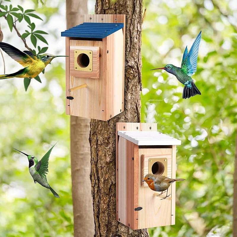 Bird Houses for Outside 2Pack with Copper Guard,Thicken Wooden Bluebird House Clearance Garden Country Cottages, Nesting Box for Finch Swallow Wren Chickadee Wild Bird Supplies, Easy to Assemble - Image 3