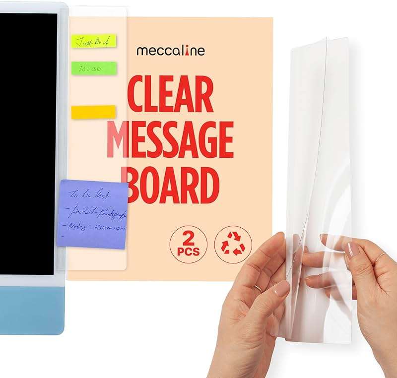 MECCALINE Monitor Memo Board 2Pcs - Flexible Clear PET Computer Screen Sticky Note Holder - Side Panel Message Organizer - Versatile Office Desk Accessories - Cool Home Office Supplies - 3.1" x 11.8" - Image 1