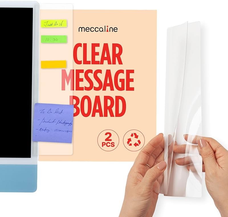 MECCALINE Monitor Memo Board 2Pcs - Flexible Clear PET Computer Screen Sticky Note Holder - Side Panel Message Organizer - Versatile Office Desk Accessories - Cool Home Office Supplies - 3.1" x 11.8" - Product Image