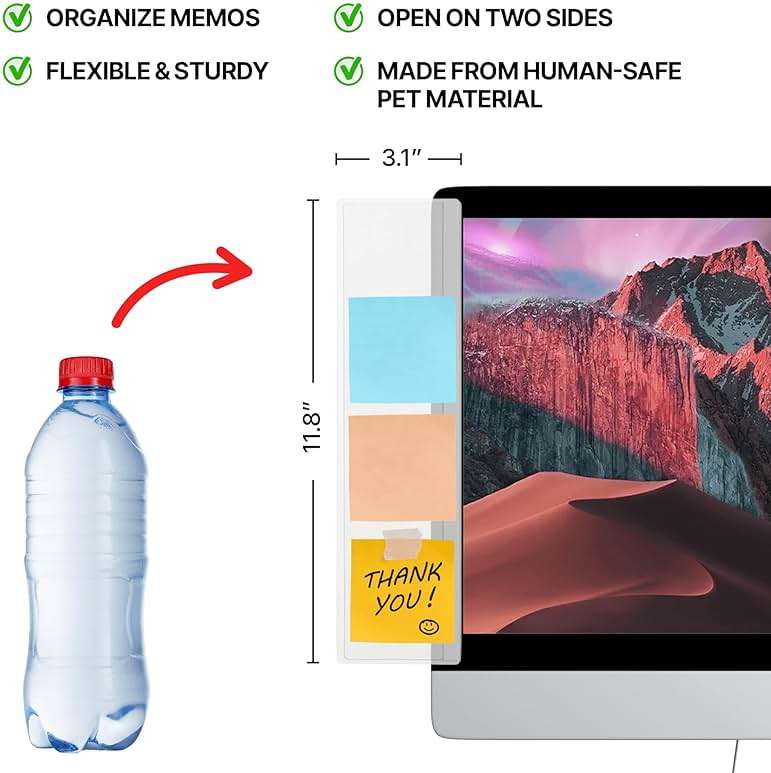 MECCALINE Monitor Memo Board 2Pcs - Flexible Clear PET Computer Screen Sticky Note Holder - Side Panel Message Organizer - Versatile Office Desk Accessories - Cool Home Office Supplies - 3.1" x 11.8" - Image 2