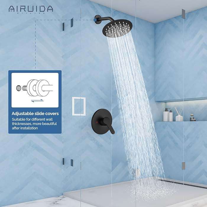 Airuida Shower Faucet Set,6 Inch Round Rainfall Shower Head,SUS304 Stainless Steel Single Handle Shower Trim Kit,Wall Mount Bathroom System with Male Threads Valve Matte Black - Image 5