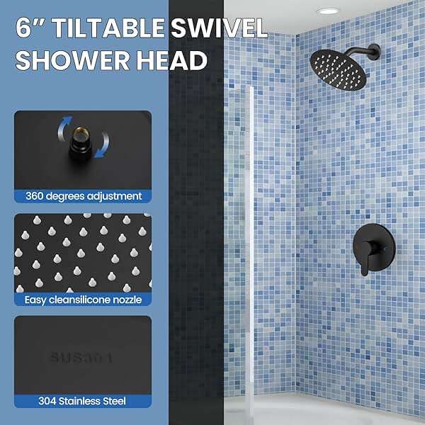 Airuida Shower Faucet Set,6 Inch Round Rainfall Shower Head,SUS304 Stainless Steel Single Handle Shower Trim Kit,Wall Mount Bathroom System with Male Threads Valve Matte Black - Image 6