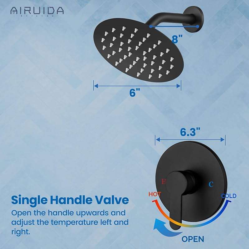 Airuida Shower Faucet Set,6 Inch Round Rainfall Shower Head,SUS304 Stainless Steel Single Handle Shower Trim Kit,Wall Mount Bathroom System with Male Threads Valve Matte Black - Image 8