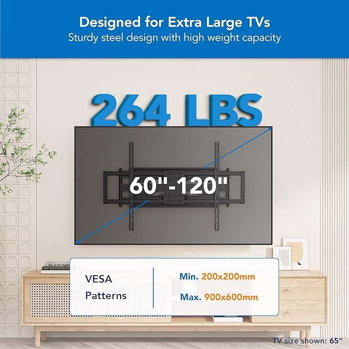 Mount-It! Heavy Duty XXL Full Motion TV Wall Mount for Extra Large TVs, max VESA 900x600, Holds up to 264lb, Swivel Tilt Extension Adjustable TV Mount for 60" 65" 75" 80" 85" 90" 98" 100" 115" 120 in - Image 2