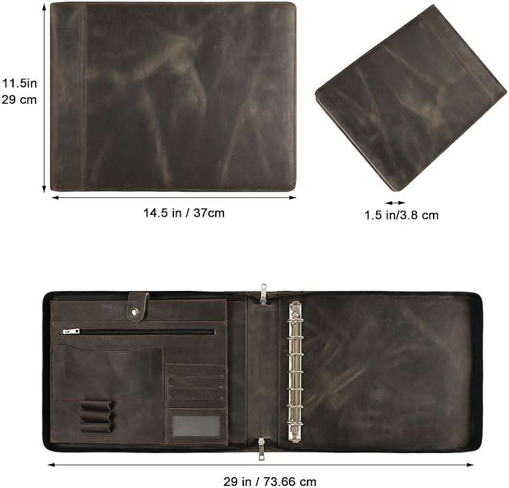 DUKE&COW Leather Business Checkbook Binder - 7 Ring Check Binder Zippered Business Check Binder with Check Book Holder for 3 Per Page 600 Checks Capacity for 9 x 13 inch Sheets, Grey - Non Custom - Image 3