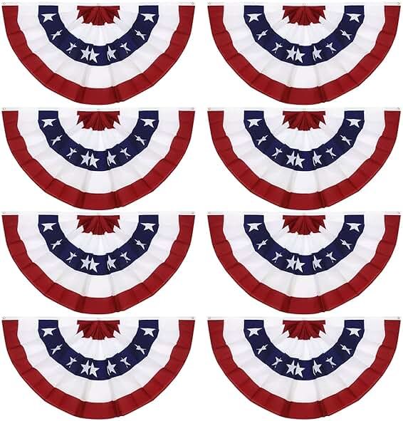 8 Pack 2x4 Ft American Pleated Fan Flag, USA Patriotic Half Fan Bunting Flag with 3 Brass Grommets for 4th of July Memorial Day Independence Day Outdoor Indoor Decorations - Product Image