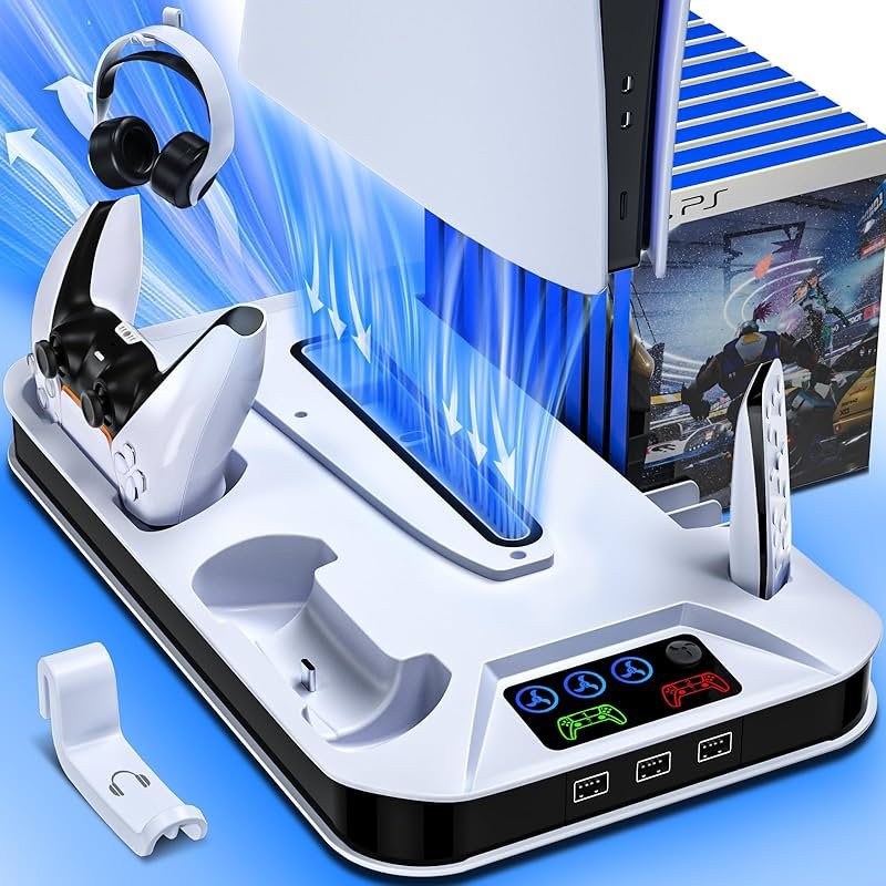 PS5/Slim/Pro Cooling Station with Controller Charging Station for Playstation Console Playstation 5 Slim&Standard Disc/Digital Console, PS5 Pro Stand Cooler Accessories Incl Cooling Fan/3 USB Hubs - Product Image