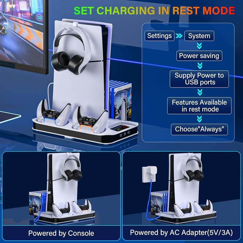 PS5/Slim/Pro Cooling Station with Controller Charging Station for Playstation Console Playstation 5 Slim&Standard Disc/Digital Console, PS5 Pro Stand Cooler Accessories Incl Cooling Fan/3 USB Hubs - Image 6