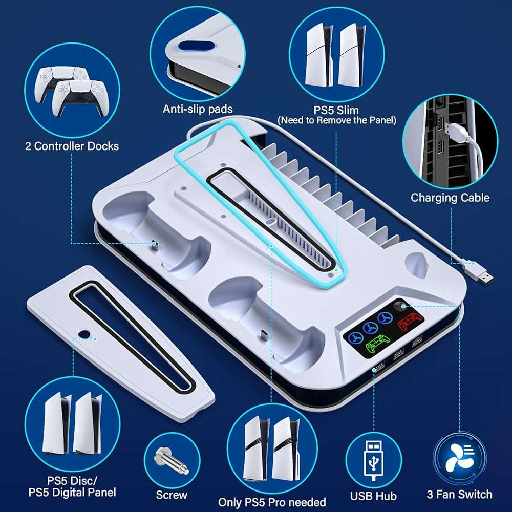 PS5/Slim/Pro Cooling Station with Controller Charging Station for Playstation Console Playstation 5 Slim&Standard Disc/Digital Console, PS5 Pro Stand Cooler Accessories Incl Cooling Fan/3 USB Hubs - Image 7