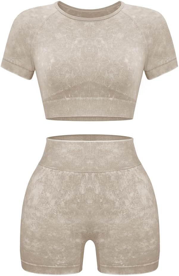 OLCHEE Womens Workout Sets 2 Piece - Seamless Acid Wash Yoga Outfits Shorts and Crop Top Matching Gym Athletic Clothing Set - Product Image