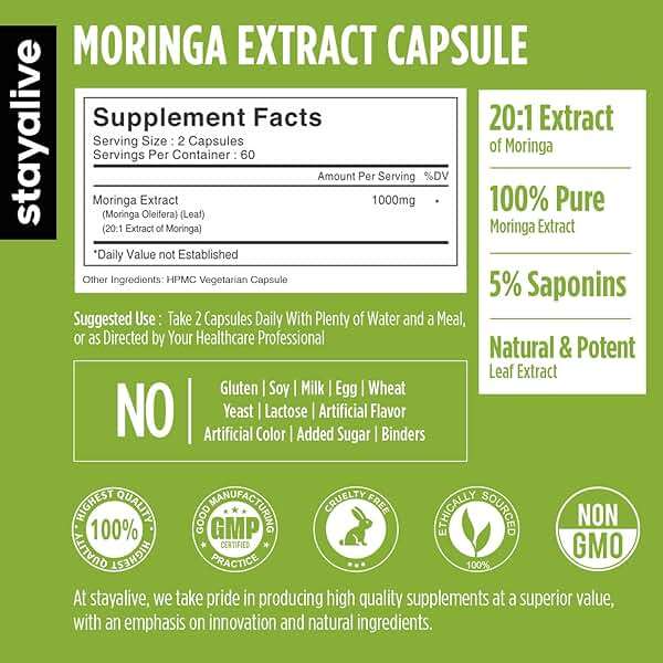 STAY ALIVE Moringa Capsules 1000mg, 20:1 Extract, 120 Pills, Green Superfood with Extra Strength, 100% Pure Oleifera Leaf Powder, 2 Months Supply, All Natural, Non-GMO & Gluten Free Moringa Supplement - Image 2