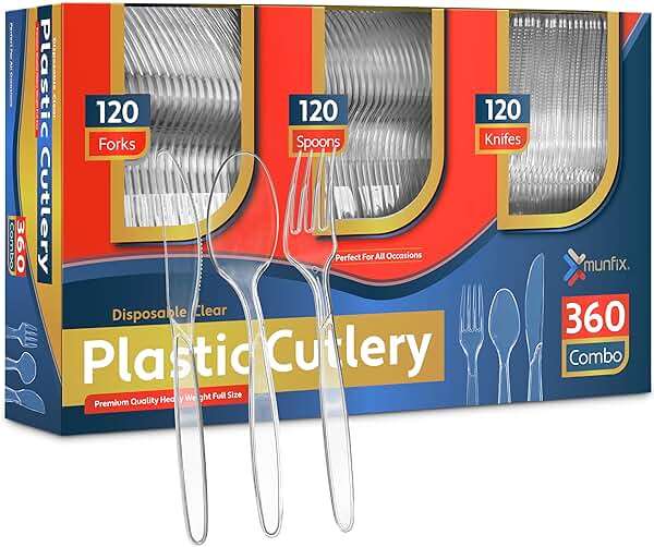 360 Count Plastic Silverware Set, 120 Clear Forks, 120 Spoons, 120 Knives, Heavy Duty BPA Free Disposable Plastic Cutlery Set, Premium Clear Plasticware for Party Supplies - Image 1