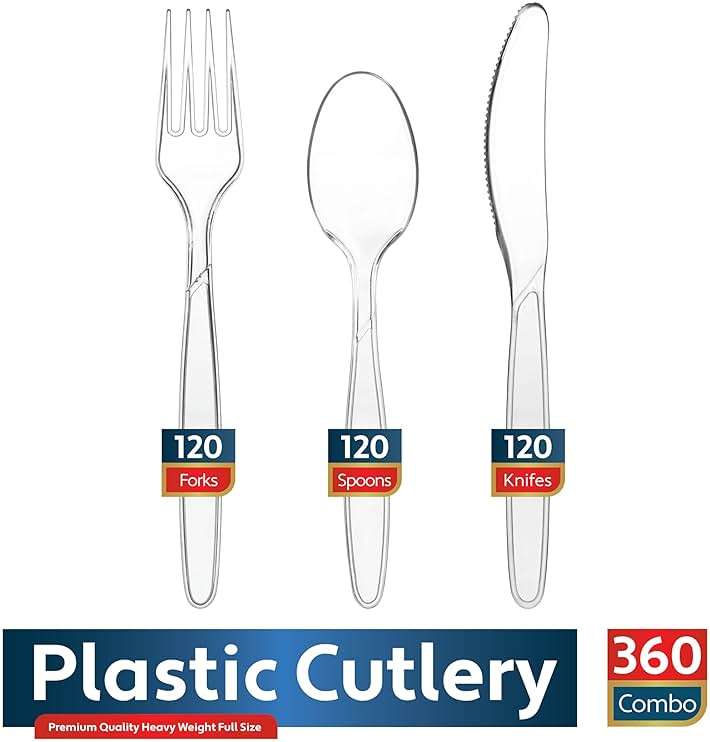 360 Count Plastic Silverware Set, 120 Clear Forks, 120 Spoons, 120 Knives, Heavy Duty BPA Free Disposable Plastic Cutlery Set, Premium Clear Plasticware for Party Supplies - Image 3