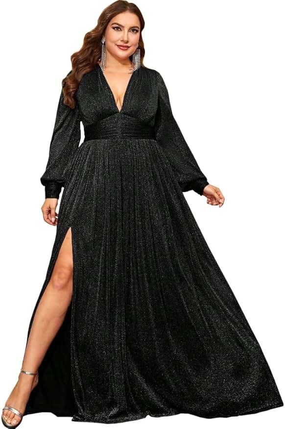 Giffniseti Women's Plus Size Long Sleeves Deep V-Neck Dresses with Slit A Line Formal Evening Gown - Product Image