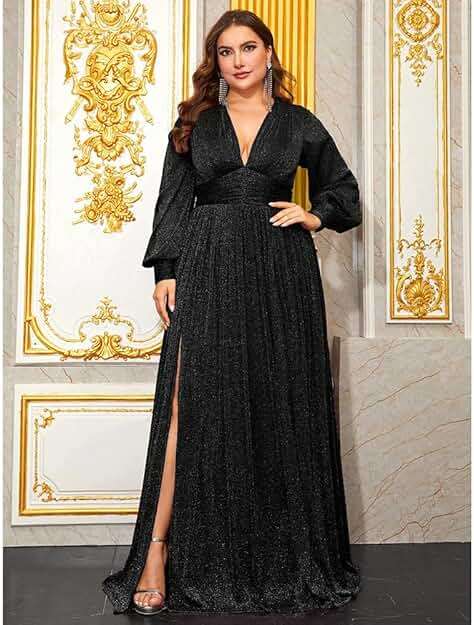 Giffniseti Women's Plus Size Long Sleeves Deep V-Neck Dresses with Slit A Line Formal Evening Gown - Image 2