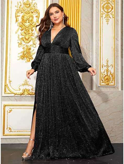 Giffniseti Women's Plus Size Long Sleeves Deep V-Neck Dresses with Slit A Line Formal Evening Gown - Image 5