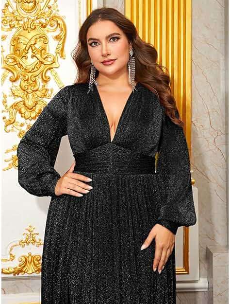 Giffniseti Women's Plus Size Long Sleeves Deep V-Neck Dresses with Slit A Line Formal Evening Gown - Image 6