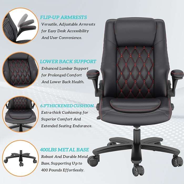 GYI High Back Executive Office Chair, Big and Tall Office Desk Chair 400LBS with Lumbar Support, Flip-up Armrests, Rubber Wheels, Black - Image 5