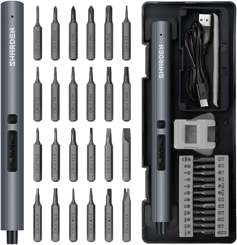 SHARDEN Mini Electric Screwdriver, 29 in 1 Small Electric Screw Driver Kit with 24 Magnetic Bits, Precision Cordless Repair Tool for Phone, Camera, Laptop, Watch - Image 1