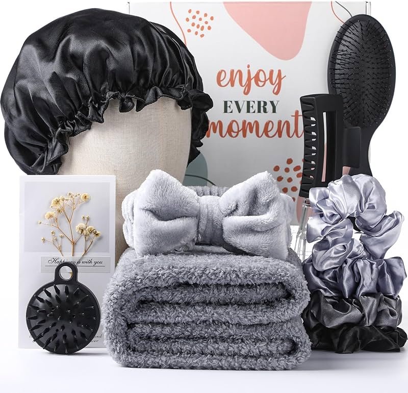 Sawysine 12 Pcs Hair Care Gift Basket for Women Black Hair Spa Kit Include Microfiber Drying Towel Silk Bonnet Headband Brush for Birthday Wedding Gifts - Product Image