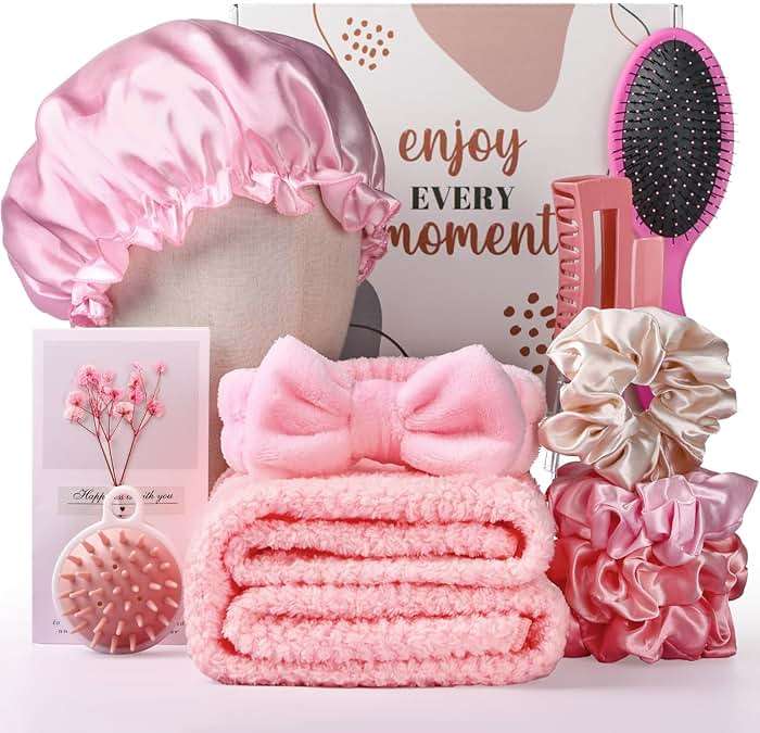 Sawysine 12 Pcs Hair Care Gift Basket for Women Pink Hair Spa Kit Include Microfiber Drying Towel Silk Bonnet Headband Brush for Birthday Wedding Gifts - Image 1