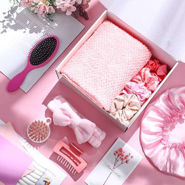 Sawysine 12 Pcs Hair Care Gift Basket for Women Pink Hair Spa Kit Include Microfiber Drying Towel Silk Bonnet Headband Brush for Birthday Wedding Gifts - Image 2