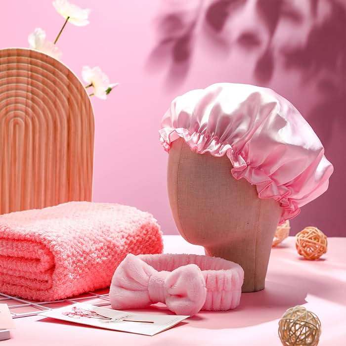 Sawysine 12 Pcs Hair Care Gift Basket for Women Pink Hair Spa Kit Include Microfiber Drying Towel Silk Bonnet Headband Brush for Birthday Wedding Gifts - Image 5