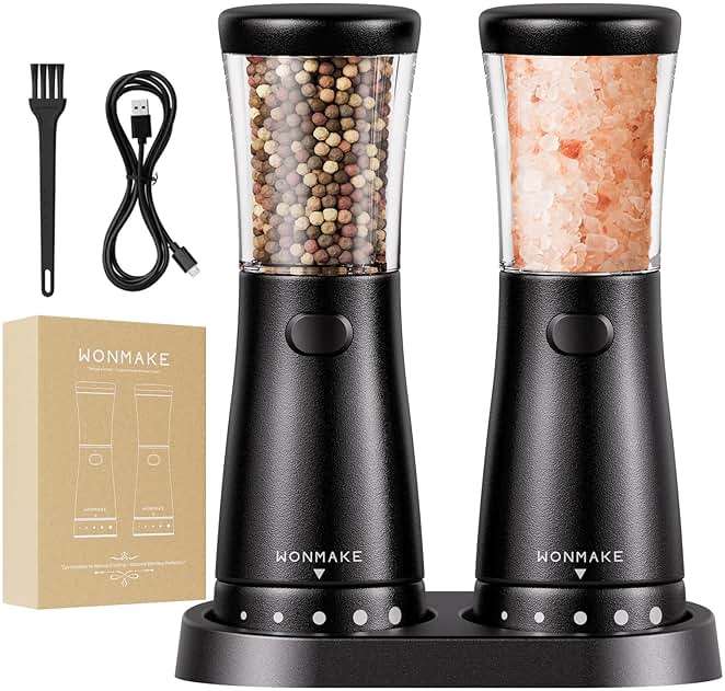Electric Salt and Pepper Grinder Set with 4.5oz Large Capacity, Stainless Steel Rechargeable Salt and Pepper Grinder with 1.8" Wide Mouth, Storage Base,Adjustable Coarseness, and One-Hand Operation - Image 1