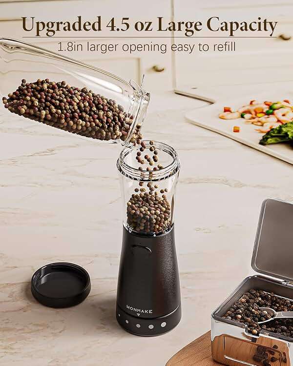 Electric Salt and Pepper Grinder Set with 4.5oz Large Capacity, Stainless Steel Rechargeable Salt and Pepper Grinder with 1.8" Wide Mouth, Storage Base,Adjustable Coarseness, and One-Hand Operation - Image 3