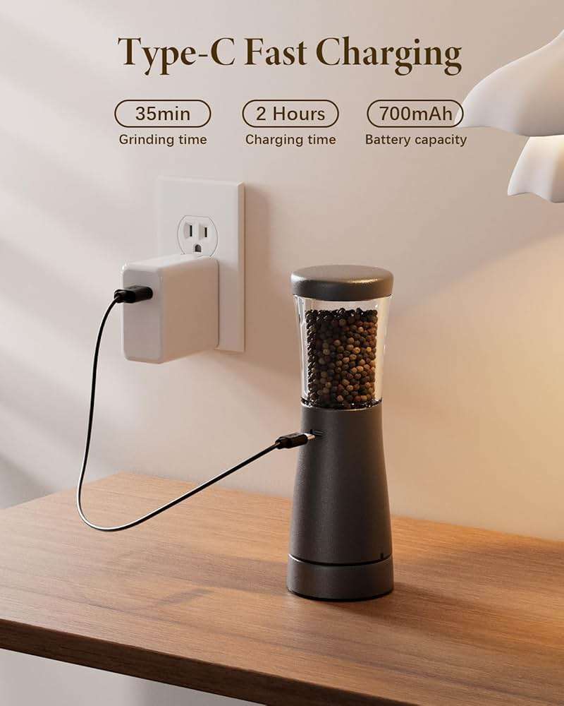 Electric Salt and Pepper Grinder Set with 4.5oz Large Capacity, Stainless Steel Rechargeable Salt and Pepper Grinder with 1.8" Wide Mouth, Storage Base,Adjustable Coarseness, and One-Hand Operation - Image 5