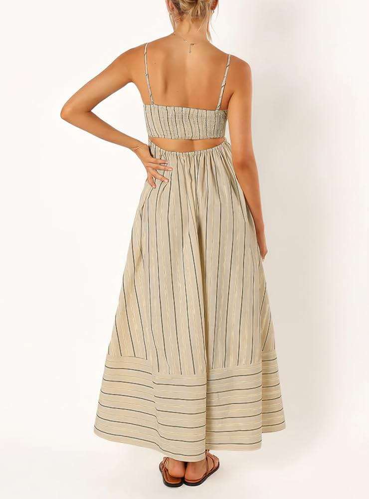 chouyatou Women's Striped Back Smocked Maxi Dress Sexy Spaghetti Strap Cut Out Flowy Swing Long Dress - Image 2