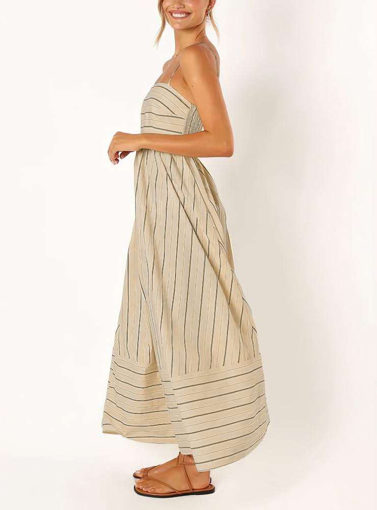 chouyatou Women's Striped Back Smocked Maxi Dress Sexy Spaghetti Strap Cut Out Flowy Swing Long Dress - Image 4