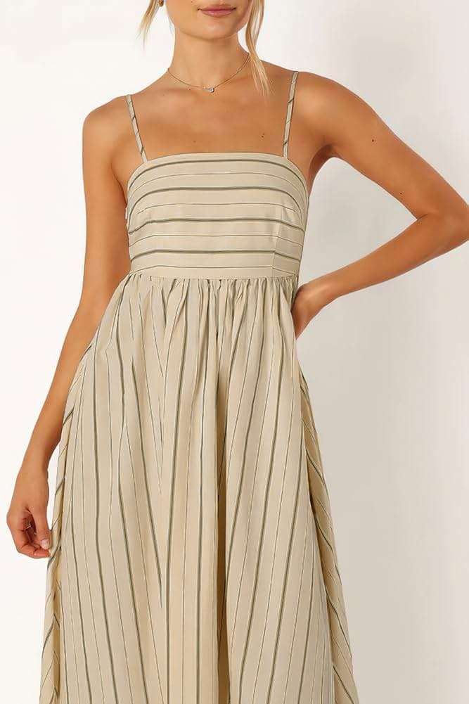 chouyatou Women's Striped Back Smocked Maxi Dress Sexy Spaghetti Strap Cut Out Flowy Swing Long Dress - Image 5