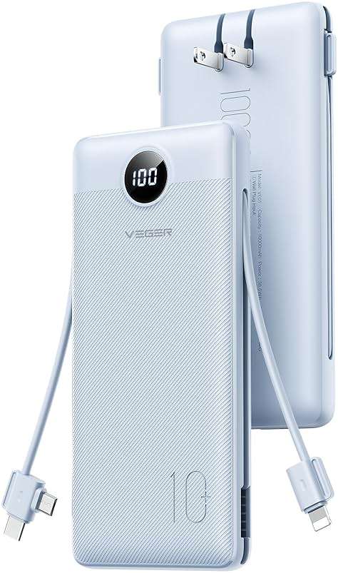 VEGER AC Wall Plug Portable Charger, 10000mah Slim Portable Charger Built in Cables, USB C Power Bank 15W Fast Charging, Travel Essential Battery Pack Compatible with iPhone, Android and More(Blue) - Image 1