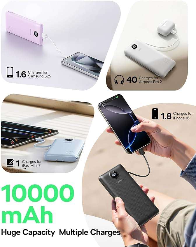 VEGER AC Wall Plug Portable Charger, 10000mah Slim Portable Charger Built in Cables, USB C Power Bank 15W Fast Charging, Travel Essential Battery Pack Compatible with iPhone, Android and More(Blue) - Image 4