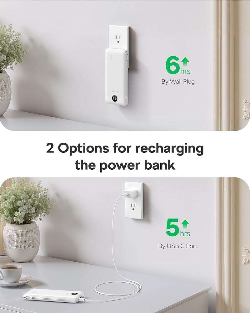 VEGER AC Wall Plug Portable Charger, 10000mah Slim Portable Charger Built in Cables, USB C Power Bank 15W Fast Charging, Travel Essential Battery Pack Compatible with iPhone, Android and More(Blue) - Image 7