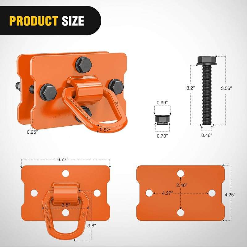 Nilight 2Pcs 1/2" D Rings for Trailers Heavy Duty Trailer Tie Down Rings, Incl. Mounting Hardware, Forged Steel Bolt-On Grab with Back Plates Compatible with Tractor RV UTV Truck, Max 12000Lbs, Orange - Image 4