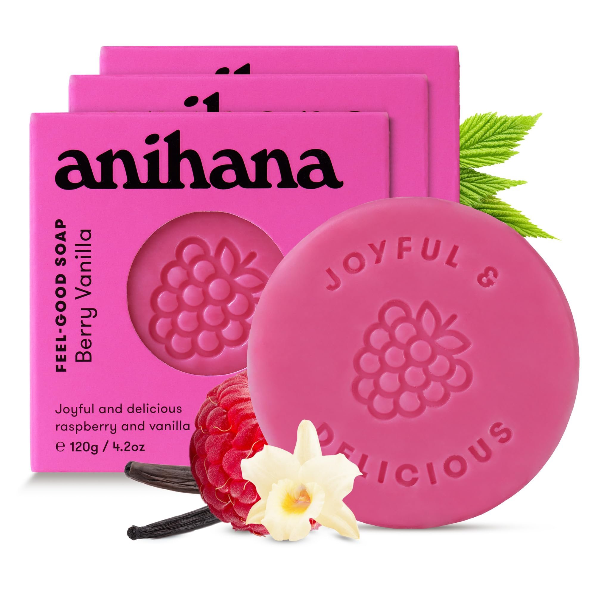 ANIHANA Feel-Good Soap 3 Pack with Coconut Oil and Shea Butter, Gentle Cleansing, Paraben Free, Cruelty Free, Refreshing Berry Vanilla Scent, 4.2 oz each - Product Image