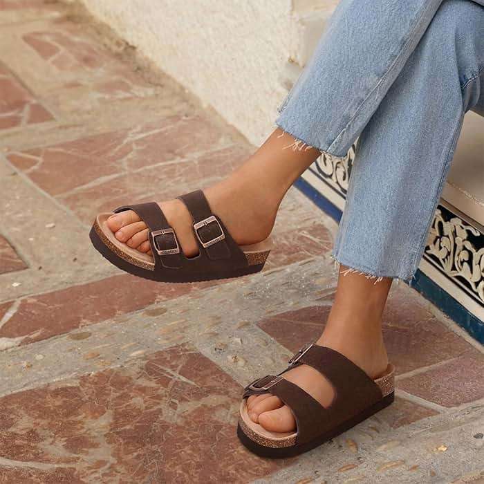 ORADO Platform Suede Sandals for Women Soft Cork Footbed Summer Slides with Adjustable Buckle - Image 3