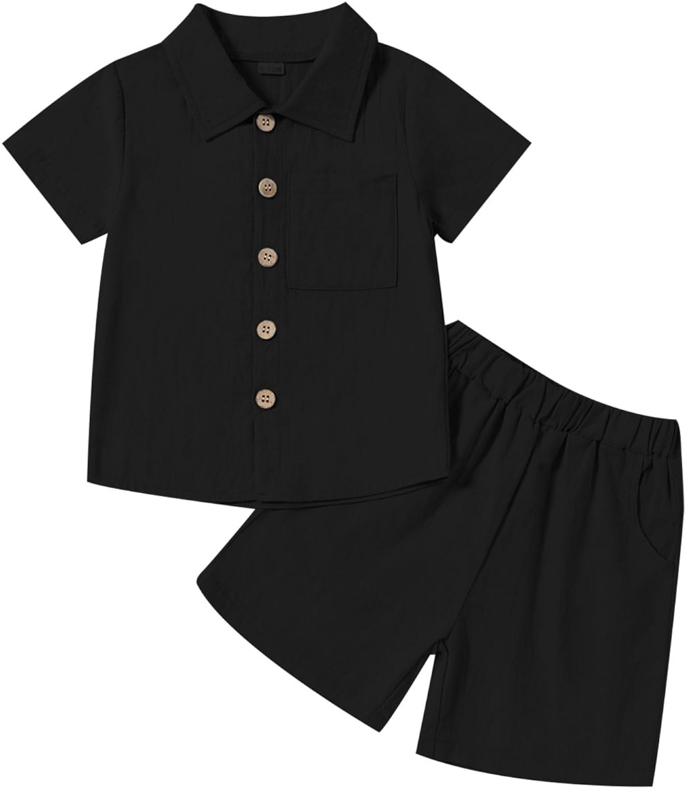 Neutocd Toddler Baby Boy Summer Clothes Cotton Linen Short Sleeve Solid Button Down Shirt Shorts Set Outfits with Pockets - Product Image