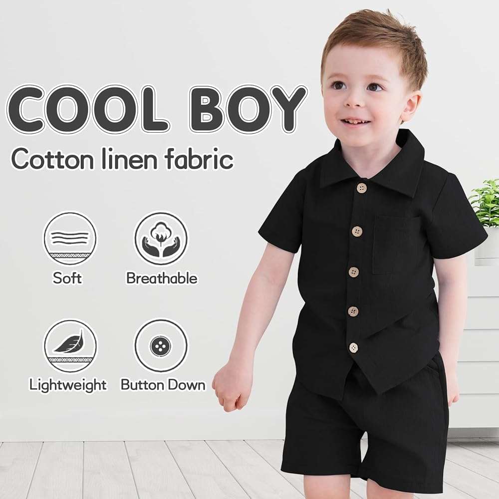 Neutocd Toddler Baby Boy Summer Clothes Cotton Linen Short Sleeve Solid Button Down Shirt Shorts Set Outfits with Pockets - Image 2