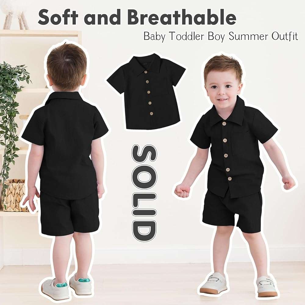 Neutocd Toddler Baby Boy Summer Clothes Cotton Linen Short Sleeve Solid Button Down Shirt Shorts Set Outfits with Pockets - Image 4