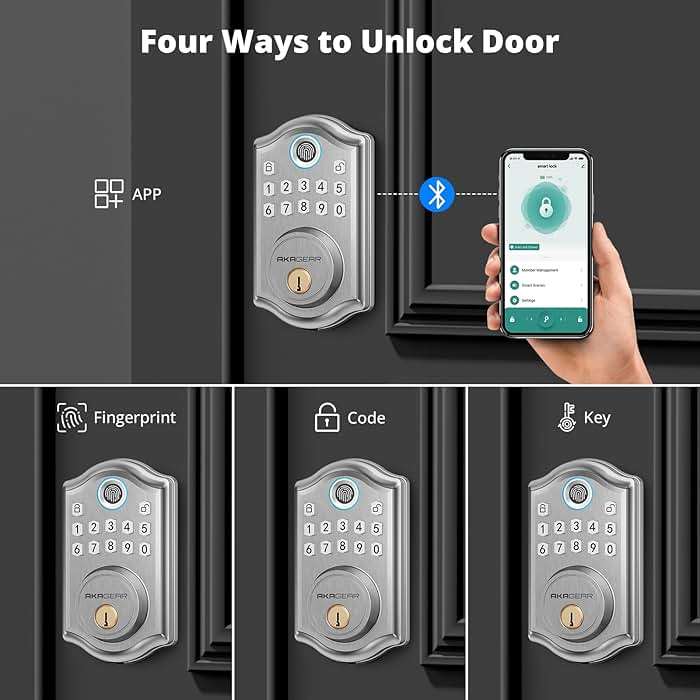 AkaGear Keyless Entry Door Lock with Fingerprint - Electronic Keypad Deadbolt, Smart Locks for Front Door, Auto-Lock & One Touch Locking with Bluetooth, Password Code, APP Control, Satin Nickel - Image 4