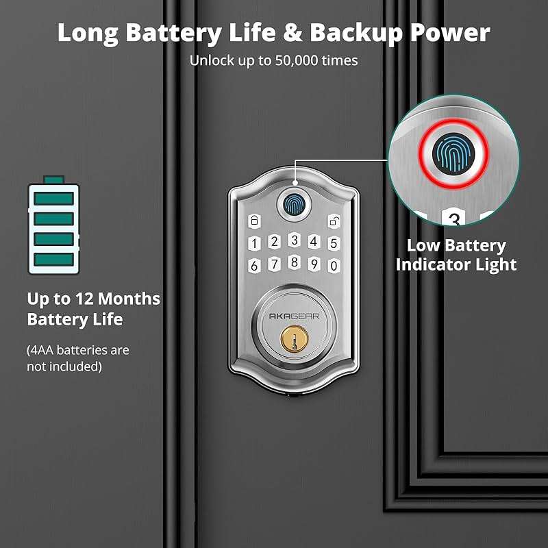 AkaGear Keyless Entry Door Lock with Fingerprint - Electronic Keypad Deadbolt, Smart Locks for Front Door, Auto-Lock & One Touch Locking with Bluetooth, Password Code, APP Control, Satin Nickel - Image 7