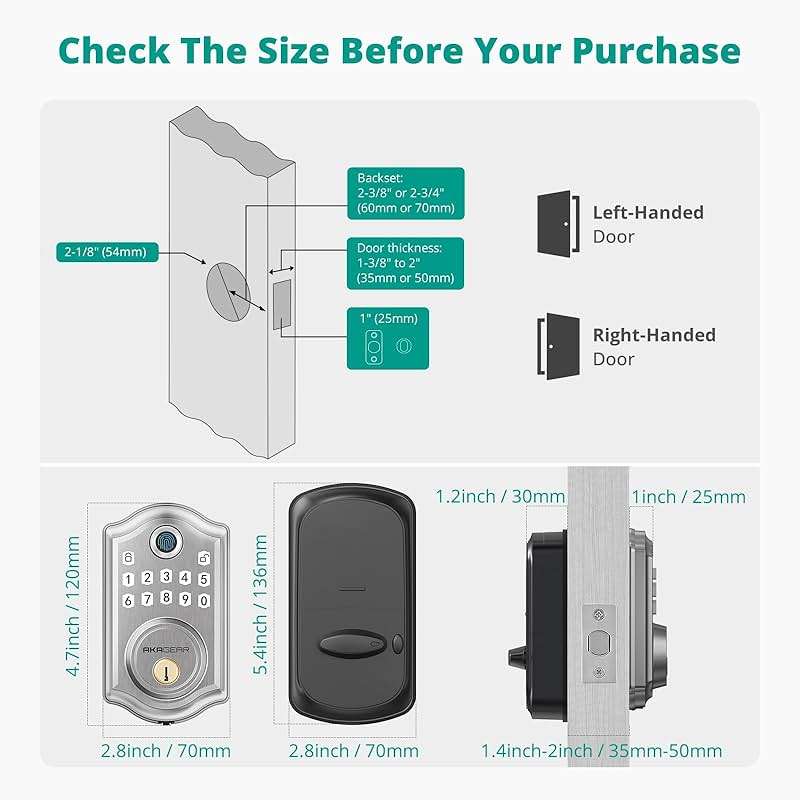 AkaGear Keyless Entry Door Lock with Fingerprint - Electronic Keypad Deadbolt, Smart Locks for Front Door, Auto-Lock & One Touch Locking with Bluetooth, Password Code, APP Control, Satin Nickel - Image 8