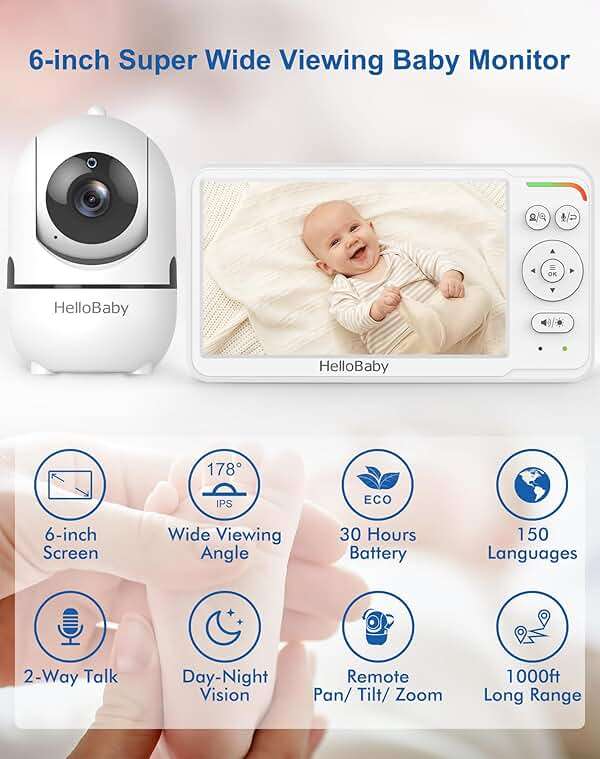 HelloBaby Baby Monitor 6" World First IPS Screen 30H Battery, Secure No WiFi, Pan Tilt Video Camera with Night Vision, VOX, 2-Way Talk, 1000ft, Portable Video Audio Monitor Ideal for Mom, Elderly, Pet - Image 2